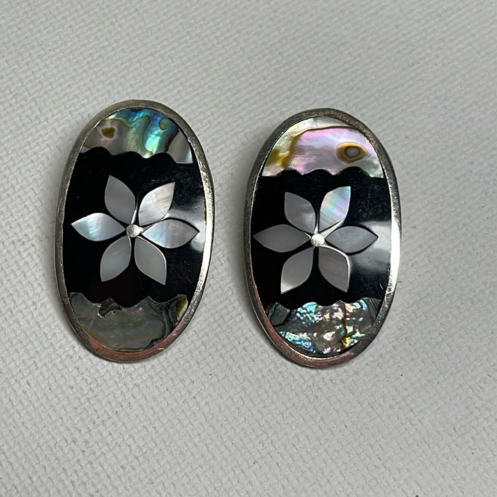 Sterling Silver, onyx, and mother of pearl clip on earrings